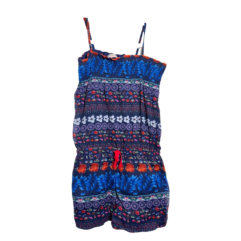 Girls Desigual Fish Print Romper Size 11/12 Blue Smocked Tropical Boho